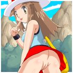  blue_(pokemon) hat leaf_(pokemon) lowres miniskirt no_panties pokemoa pokemon pussy skirt soara uncensored 