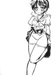  1girl capcom female kasugano_sakura monochrome no_panties sailor sailor_uniform skirt skirt_lift solo stockings street_fighter thighhighs 