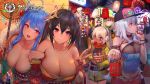  6+girls ahoge akagi_(azur_lane) alternate_costume animal_ears atago_(azur_lane) azur_lane bag bangs bare_shoulders baseball_cap belt bikini black_hair blue_hair blue_nails blush bow breasts brown_eyes brown_hair candy_apple choker cleavage closed_mouth collarbone crop_top crossed_bangs dark_skin eyebrows_visible_through_hair facial_mark festival fireworks food fox_ears fox_tail gorgeous_mushroom graf_zeppelin_(azur_lane) green_kimono hair_between_eyes hair_bow hair_flaps hair_ornament hat highleg highleg_bikini highres holding holding_bag holding_food holding_umbrella japanese_clothes jewelry kimono lantern large_breasts logo long_hair looking_at_viewer mask mask_on_head minneapolis_(azur_lane) multiple_girls multiple_tails nail_polish native_american night obi off_shoulder official_art open_mouth oriental_umbrella outdoors paper_lantern ponytail purple_eyes red_eyes red_kimono ring rope sash short_kimono short_yukata sidelocks silver_hair skirt smile st._louis_(azur_lane) swimsuit taihou_(azur_lane) tail takao_(azur_lane) umbrella v very_long_hair white_bow white_hair white_nails wide_sleeves wristband yukata 