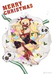  1girl artist_name barefoot black_dress blonde_hair bound breasts bright_pupils copyright_name detached_collar dress earrings ereshkigal_(fate/grand_order) fate/grand_order fate_(series) gagged jewelry large_breasts long_hair looking_at_viewer lying merry_christmas mismatched_legwear red_eyes restrained ribbon ribbon_bondage sheep shenq short_dress simple_background single_thighhigh solo teardrop thighhighs tiara torn_clothes torn_legwear very_long_hair weibo_username white_background white_pupils 