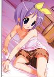  blue_eyes flat_chest hechi highres hiiragi_tsukasa lucky_star nipple_slip nipples no_panties purple_hair pussy shorts shorts_aside strap_slip upshorts 