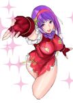  1girl asamiya_athena breasts china_dress chinese_clothes dress eyebrows_visible_through_hair fingerless_gloves gloves hair_ornament highres large_breasts looking_at_viewer purple_eyes purple_hair red_dress red_gloves short_hair simple_background smile sparkle tetsu_(kimuchi) the_king_of_fighters the_king_of_fighters_xv white_background 