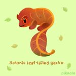  animal animal_focus artist_name closed_mouth commentary english_commentary english_text gecko green_background leaf lizard no_humans orange_eyes original pikaole simple_background watermark 