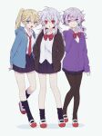  3girls blonde_hair blue_eyes ex_albio full_body fuwa_minato genderswap genderswap_(mtf) highres kuzuha_(nijisanji) long_hair mole mole_under_eye multicolored_hair multiple_girls nekojiri nijisanji pale_skin pink_hair pointy_ears purple_eyes purple_hair red_eyes virtual_youtuber white_hair 