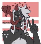  &lt;3 anthro blinking bovid caprine chest_tuft choker demon freckles gesture goat jewelry long_ears long_tongue male mammal neck_tuft necklace shoulder_tuft simple_background smile solo tongue tongue_out torta_(ugly_tortilla) tuft ugly_tortilla v_sign 