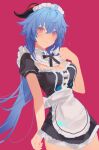  1girl absurdres alternate_costume apron bangs blue_hair breasts enmaided eyebrows_visible_through_hair ganyu_(genshin_impact) genshin_impact hair_between_eyes highres horns long_hair looking_at_viewer maid maid_apron maid_headdress simple_background solo tr_(hareru) 
