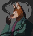  5_fingers absurd_res anthro black_tie_(suit) burrows_(captain_nikko) canid canine canis cigarette clothed clothing eyewear fingers hi_res male mammal mark_(captain_nikko) smoke smoking solo suit vajtheunholy video_games visual_novel wolf 