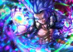 1boy :d abs blue_eyes blue_hair collarbone cowboy_shot dragon_ball dragon_ball_super glowing gogeta hand_up lens_flare male_focus mattari_illust muscular muscular_male open_clothes open_hand open_mouth short_hair smile solo sparkle spiked_hair super_saiyan super_saiyan_blue twitter_username v-shaped_eyebrows 