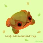  animal animal_focus artist_name brown_eyes closed_mouth commentary english_commentary english_text frog leaf no_humans original pikaole simple_background watermark 