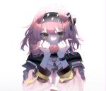  1girl animal_ears arknights bangs black_bow black_hairband bow braid brown_eyes cat_ears collar crying crying_with_eyes_open eyebrows_visible_through_hair goldenglow_(arknights) hair_bow hairband highres holding holding_hair jacket lightning_bolt_print long_hair long_sleeves looking_at_viewer open_clothes open_jacket pink_jacket shirt simple_background single_braid solo tears upper_body white_background white_shirt 