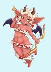  &lt;/3 2017 2_horns 5_fingers 5_toes arrow barefoot biped bow_(weapon) breasts colored_nails digital_media_(artwork) ear_piercing english_text facial_markings feet female fingers hair head_markings holding_object holding_weapon holidays horn humanoid humanoid_feet humanoid_pointy_ears imp lipstick makeup markings nails navel nerdbayne not_furry piercing ranged_weapon red_body red_skin simple_background smile solo standing text thick_thighs toes valentine&#039;s_day weapon white_hair wings 
