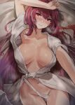  1girl alracoco arms_up bangs blunt_bangs blush breasts cleavage convenient_censoring fate/grand_order fate_(series) front-tie_top long_hair looking_at_viewer lying navel purple_hair red_eyes robe scathach_(fate) white_robe 