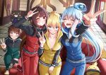  1boy 3girls :d ^_^ absurdres aqua_(konosuba) blonde_hair blue_eyes blue_hair blue_jacket blush breasts brown_hair chomusuke cleavage closed_eyes darkness_(konosuba) embarrassed facing_viewer floating_hair green_eyes green_jacket green_pants grin hair_ornament highres indoors jacket kono_subarashii_sekai_ni_shukufuku_wo! long_hair long_sleeves looking_at_viewer medium_breasts megumin multiple_girls one_eye_closed pants partially_unzipped red_eyes red_jacket red_pants sarasara_shoyu satou_kazuma shiny shiny_hair short_hair short_hair_with_long_locks smile squatting standing standing_on_one_leg torn_clothes torn_pants v very_long_hair x_hair_ornament yellow_jacket yellow_pants 