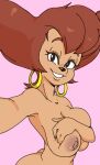  2022 anthro big_breasts breasts brown_hair dbaru disney domestic_cat ear_piercing ear_ring felid feline felis female goof_troop hair hi_res holding_breast hoop_ear_ring mammal mature_female nipples nude peg_pete piercing pink_background simple_background solo 