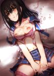  1girl absurdres after_sex after_vaginal black_hair blue_sailor_collar blue_skirt blush bra breasts brown_eyes bukkake collarbone commentary_request cum cum_on_body cum_on_breasts cum_on_clothes cum_on_hair cum_on_pussy cumdrip eyebrows_visible_through_hair facial fukui_sora hair_between_eyes highres himeragi_yukina long_hair medium_breasts navel nipples open_clothes open_mouth open_shirt panties panties_around_one_leg pink_bra pink_panties plaid plaid_skirt saikai_academy_uniform sailor_collar school_uniform serafuku shirt skirt solo strike_the_blood underwear white_shirt 