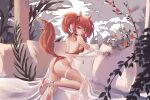  1girl absurdres angelina_(arknights) angelina_(summer_flowers)_(arknights) animal_ears arknights ass backless_swimsuit bangs bare_shoulders beancake black_choker brown_eyes brown_hair choker commentary fox_ears fox_tail highres infection_monitor_(arknights) long_hair looking_at_viewer off_shoulder one-piece_swimsuit red_swimsuit sandals solo swimsuit tail thighs twintails 