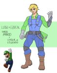  2boys arm_up bangs blonde_hair blue_pants brown_footwear character_name collared_shirt copyright_name cosplay diter-trsey ezreal full_body gloves goggles goggles_on_head green_background green_headwear green_shirt grey_gloves league_of_legends long_sleeves looking_at_viewer luigi luigi_(cosplay) male_focus mario_(series) multiple_boys pants shirt short_hair white_background white_gloves 