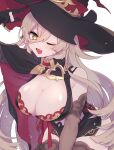 1girl blonde_hair blush breasts cape gloves hat highres large_breasts long_hair nekojiri nijisanji nui_sociere one_eye_closed pale_skin thick_thighs thighhighs thighs very_long_hair virtual_youtuber witch witch_hat yellow_eyes 