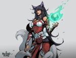  1girl ahri_(league_of_legends) animal_ears black_hair breasts cleavage commentary detached_sleeves energy_ball facial_mark fingernails fox_ears fox_girl fox_tail gradient gradient_background hicham_habchi highres large_breasts league_of_legends long_fingernails long_hair multiple_tails official_art ruined_king:_a_league_of_legends_story tail whisker_markings 