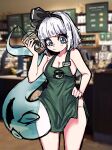  1girl apron bangs black_hairband black_ribbon blue_eyes blush bob_cut breasts closed_mouth cup disposable_cup english_commentary green_apron hair_ribbon hairband highres iced_latte_with_breast_milk_(meme) konpaku_youmu konpaku_youmu_(ghost) medium_breasts meme moyumie myon_(phrase) naked_apron photo_background ribbon short_hair silver_hair solo starbucks touhou 