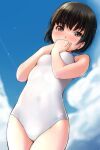  1girl absurdres bangs bare_arms black_hair blue_sky blush breasts brown_eyes cloud covered_navel covering_mouth day eyebrows_visible_through_hair highres legs_together long_hair matsunaga_kouyou one-piece_swimsuit original outdoors short_hair sky small_breasts solo standing swimsuit white_swimsuit 