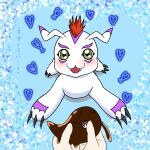  &lt;3 bandai_namco blush candy chocolate claws darknesscrow dessert digimon digimon_(species) feral first_person_view food gomamon green_eyes hair hi_res holidays human looking_at_viewer male mammal red_hair valentine&#039;s_day 