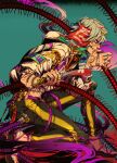  1boy absurdres black_pants bug centipede combat_knife dagger grey_hair highres holding holding_knife iririmari jacket knife original pants sharp_teeth short_hair smile solo sunrise teeth traditional_media weapon white_jacket 