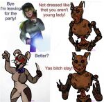  2022 animatronic anthro bow_ribbon buckteeth burntrap_(fnaf) clothed clothing comparing dialogue duo english_text female five_nights_at_freddy&#039;s flashlight hair hat headgear headwear hi_res human humor knife lagomorph leporid machine male mammal meme multiple_scenes ncs patch_(fabric) profanity rabbit red_eyes robot scottgames simple_background smile standing teeth text vanessa_(fnaf) vanny_(fnaf) video_games whiskers white_background william_afton_(fnaf) 