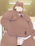 2022 anthro asian_clothing belly blush bodily_fluids brown_body bulge clothing east_asian_clothing fundoshi hi_res humanoid_hands ibuki_haruno japanese_clothing kemono male mammal moobs nipples overweight overweight_male solo sweat underwear ursid white_clothing white_fundoshi white_underwear 