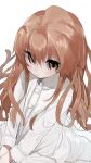  1girl aisaka_taiga bangs brown_eyes brown_hair closed_mouth coat commentary donut_335 eyebrows_visible_through_hair hair_between_eyes highres light_blush long_sleeves looking_at_viewer simple_background solo toradora! white_background white_coat 