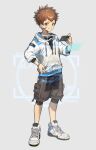  bandaid bandaid_on_face bare_legs brown_background brown_eyes brown_hair controller game_controller gamepad goggles goggles_around_neck hands_on_hips holding jacket long_sleeves looking_at_viewer male_focus original pouch shoes short_hair shorts simple_background sneakers sora_(zwz030) 