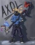  2019 amphibian anthro axol axolotl blue_eyes clothing daekim_26 digital_media_(artwork) face_mask hi_res hoodie looking_at_another male mole_salamander salamander_(amphibian) smg4 solo staff topwear 