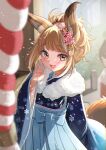  1girl :3 :d absurdres animal_ear_fluff animal_ears bangs blue_kimono blurry blurry_background blurry_foreground blush brown_eyes brown_hair cherry_blossoms eyebrows_visible_through_hair flower fur_collar hair_flower hair_ornament hanasaki_mahiru highres indie_virtual_youtuber japanese_clothes kimono lipstick long_sleeves looking_at_viewer makeup medium_hair multicolored_hair new_year obi open_mouth outdoors pink_hair sash sidelocks smile snow snowflake_print snowing solo squirrel_ears squirrel_girl squirrel_tail swept_bangs tail two-tone_hair virtual_youtuber white_hair wide_sleeves yusa_suku 