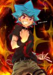  1boy black_shirt blue_hair cargo_pants casual chain choker clenched_hand duel_disk fire forked_eyebrows grin kamijou_tatsuhisa male_focus ochi_marco pants red_eyes shirt smile solo spiked_hair t-shirt twitter_username yu-gi-oh! yu-gi-oh!_sevens 