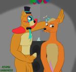  anthro atomic_darkness balloon balls blue_eyes blush bodily_fluids bow_tie clothing cum dominant dominant_male duo facial_markings five_nights_at_freddy&#039;s five_nights_at_freddy&#039;s:_security_breach fur genital_fluids genitals glamrock_freddy_(fnaf) hat head_markings headgear headwear hi_res inflatable male male/male mammal markings mustela mustelid musteline nude orange_body orange_fur penis propeller_hat scottgames shy top_hat true_musteline ursid video_games willy&#039;s_wonderland willy_the_weasel yellow_body yellow_eyes yellow_fur 