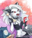  2022 4_fingers anthro breasts canid canine clothed clothing digital_media_(artwork) eyebrows eyelashes female fingers hair helluva_boss imanika loona_(helluva_boss) mammal midriff navel open_mouth red_sclera teeth tongue white_eyes white_hair 