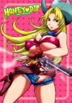  belt blonde_hair blue_eyes breasts cowboy cowboy_hat cowboy_western gloves gun handgun hat highres holster kon-kit looking_at_viewer open_clothes original revolver smile weapon 