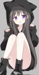  1girl akemi_homura black_hair blush highres knees_up long_hair mahou_shoujo_madoka_magica purple_eyes solo tsubaki_(tatajd) 