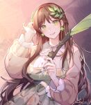  1girl absurdres black_survival breasts brown_hair clover dress earrings eternal_return:_black_survival floral_print four-leaf_clover green_dress green_eyes gweon_sua hair_ornament hand_in_hair highres jewelry large_breasts leaf_hair_ornament long_hair looking_at_viewer quill signature smile solo symbol-shaped_pupils tianqing_mw upper_body 
