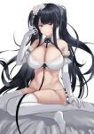  1girl absurdres azur_lane bangs bare_shoulders bed black_bow black_bowtie black_hair blush bow bowtie bra breasts cleavage closed_mouth cross elbow_gloves eyebrows_visible_through_hair flower full_body gloves hair_flower hair_ornament hand_in_hair hand_on_leg highres iron_cross large_breasts long_hair navel panties peter_strasser_(a_moment_frozen_in_pure_white)_(azur_lane) peter_strasser_(azur_lane) purple_eyes sankyo_(821-scoville) seiza sitting smile solo thighhighs twintails underwear white_background white_bra white_gloves white_legwear white_panties 