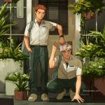  2boys commentary day display english_commentary etceteraart flower_shop hands_on_another&#039;s_head highres looking_at_another multiple_boys original outdoors pants plant potted_plant red_hair shirt shop short_hair standing storefront uniform watch wristwatch 