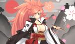  1girl absurdres amputee baiken big_hair black_jacket black_kimono breasts cherry_blossoms cleavage cloud eyepatch facial_mark flower guilty_gear guilty_gear_strive highres hill holding holding_pipe huge_breasts jacket jacket_on_shoulders japanese_clothes kimono looking_at_viewer multicolored_clothes multicolored_kimono one-eyed open_clothes open_kimono petals pink_hair pipe ponytail red_eyes sakotach samurai sash scar scar_across_eye scar_on_face simple_background skull_print sky smoke sun tied_hair upper_body weapon white_background white_kimono 