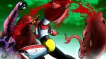  blood cloud getter-1 getter_robo getter_robo_(1st_series) glowing glowing_eyes highres kaijuu looking_up mecha open_hand purple_eyes science_fiction severed_head sharp_teeth super_robot teeth tongue yellow_eyes yuuki_(gatama) 