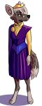  anthro autym black_nose canid canine cape clothed clothing crown dipstick_ears dipstick_tail dress female fox fur gold_(metal) gold_clothing grey_body grey_fur grey_hair hair hi_res long_sleeves looking_aside looking_away mammal markings multicolored_ears paws purple_clothing red_eyes ruby_mordeaux shaded silver_hair solo standing tail_markings 