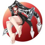  1girl bare_legs barefoot breasts center_opening cleavage cleavage_cutout clothing_cutout eiji_(eiji) english_text feet foot_focus foreshortening guilty_gear guilty_gear_2 hair_between_eyes hat headpiece highres large_breasts looking_at_viewer red_eyes red_hair red_ribbon ribbon short_hair simple_background skirt solo thighs valentine_(guilty_gear) white_background 