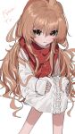  1girl aisaka_taiga bangs brown_eyes brown_hair coat commentary_request donut_335 eyebrows_visible_through_hair hair_between_eyes highres light_blush long_hair long_sleeves looking_at_viewer parted_lips partial_commentary red_scarf scarf simple_background sitting sleeves_past_wrists solo toradora! white_background white_coat 