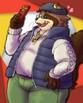  2022 absurd_res anthro belly black_nose blush bottomwear brown_body brown_fur canid canine clothing eyewear fur gift glasses hat headgear headwear hi_res holidays humanoid_hands kemono male mammal overweight overweight_male pants raccoon_dog sakusan_kc shirt solo tanuki tenugui topwear valentine&#039;s_day 