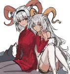  2girls animal_ear_fluff animal_ears arknights bangs bare_shoulders beeswax_(arknights) black_hairband black_shorts breasts brown_eyes carnelian_(arknights) closed_mouth dress eyebrows_visible_through_hair feet_out_of_frame grey_hair grey_legwear hair_between_eyes hairband highres horns knees_up long_hair mabing medium_breasts multiple_girls one_eye_closed pantyhose red_eyes red_sweater short_hair short_shorts shorts sitting sketch sweater sweater_dress thighhighs very_long_hair wariza white_background white_legwear 