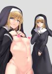  1girl bangs black_dress blue_eyes breasts censored disgust dress eyebrows_visible_through_hair glaring habit heart heart_censor lifted_by_self long_dress long_sleeves looking_at_viewer multiple_views navel nun original schreibe_shura scowl small_breasts smile 