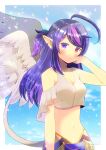  1girl breasts crop_top griffin griffin_girl heterochromia himeko_aura indie_virtual_youtuber kou_hiyoyo long_hair medium_breasts midriff navel pale_skin pointy_ears ponytail purple_eyes purple_hair red_eyes tail virtual_youtuber wings 